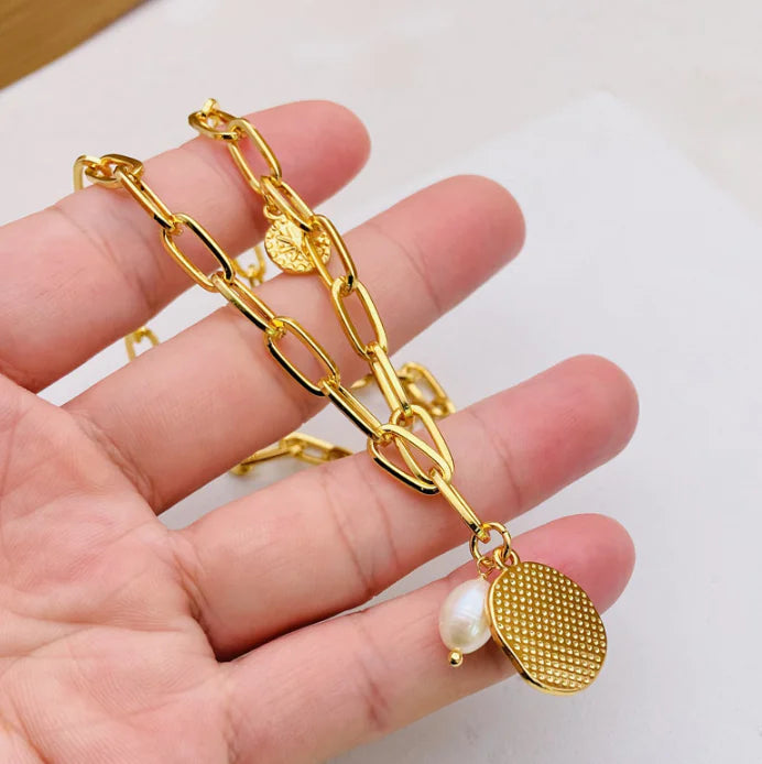 Pearl Necklace with Spider Star Coin Pendant Chain