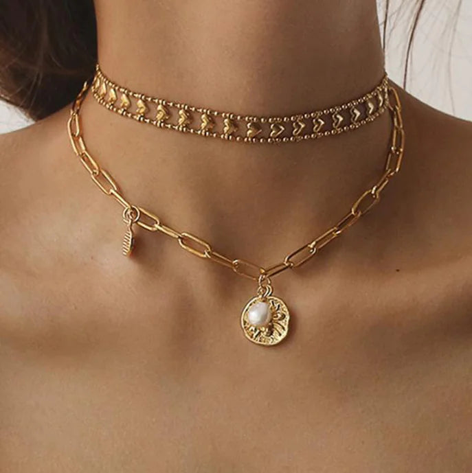 Pearl Necklace with Spider Star Coin Pendant Chain