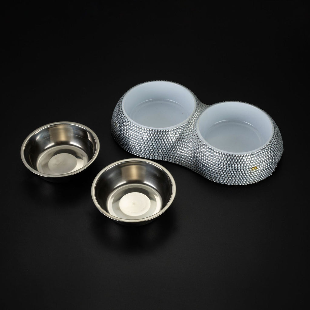 Diamond-studded Stainless Steel Double Dog Bowl