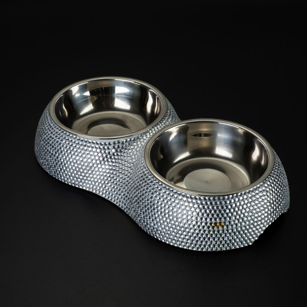 Diamond-studded Stainless Steel Double Dog Bowl