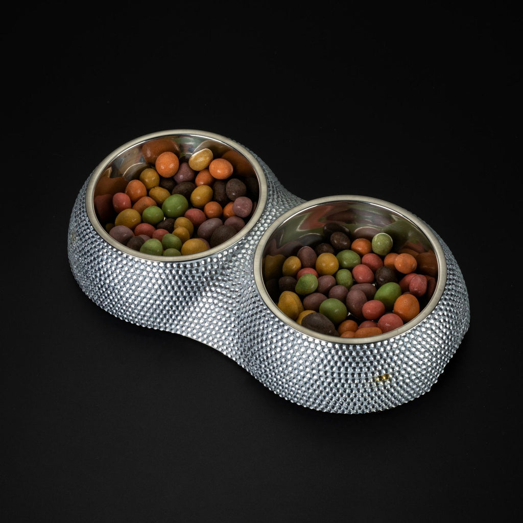 Diamond-studded Stainless Steel Double Dog Bowl