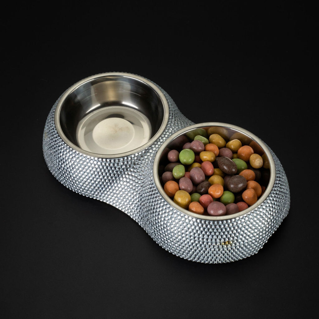 Diamond-studded Stainless Steel Double Dog Bowl