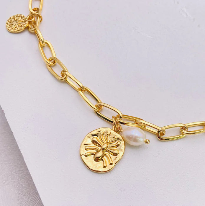 Pearl Necklace with Spider Star Coin Pendant Chain
